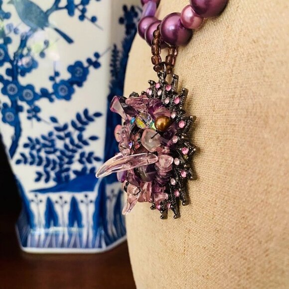 Vintage Purple Faux Pearls and Crystal Statement Pendant Necklace - Picture 3 of 4